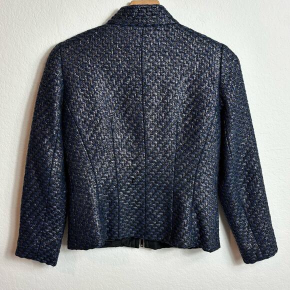 LAFAYETTE 148 NEW YORK ZIPPERED BLACK BLUE METALLIC WOMEN BLAZER 2 WOOL BLEND - Picture 4 of 5